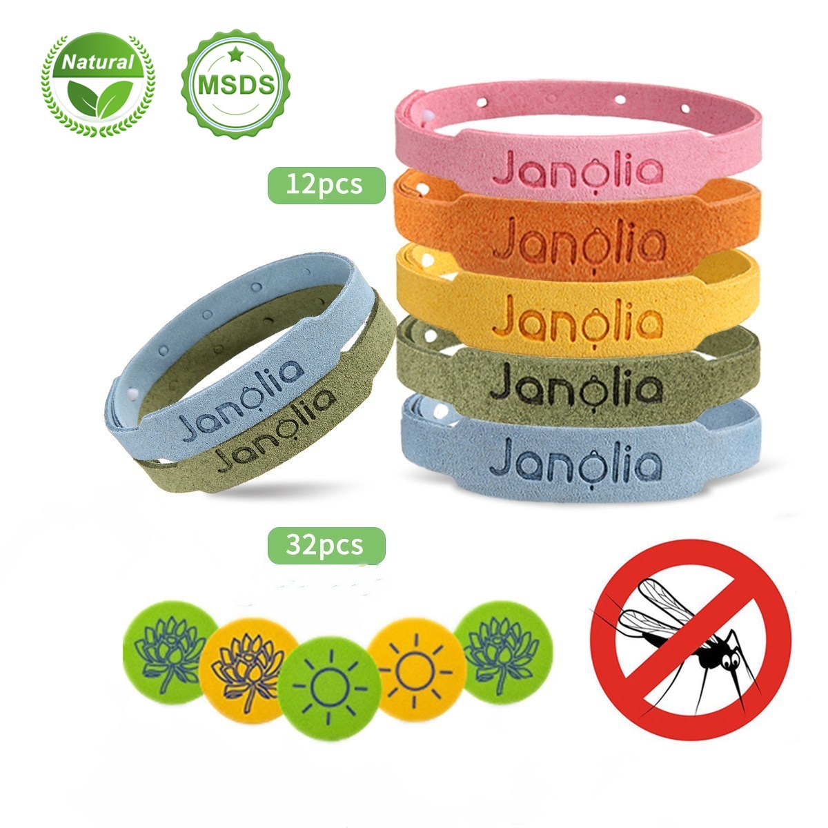 Janolia 12 Pcs Mosquito Repellent Set Natural Citronella Bracelets 32 Pcs Mosquito Patches for Indoor Outdoor Kids Adults