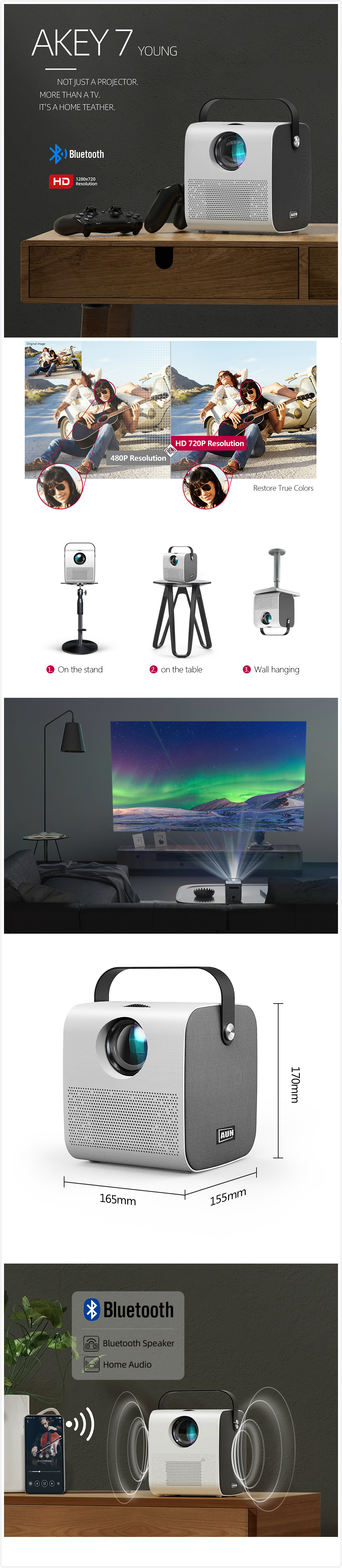 AUN AKEY7 Young HD Mini Projector 2800 lumen HIFI Bluetooth Speaker Home Cinema For 1080P 3D Beamer Game Projector