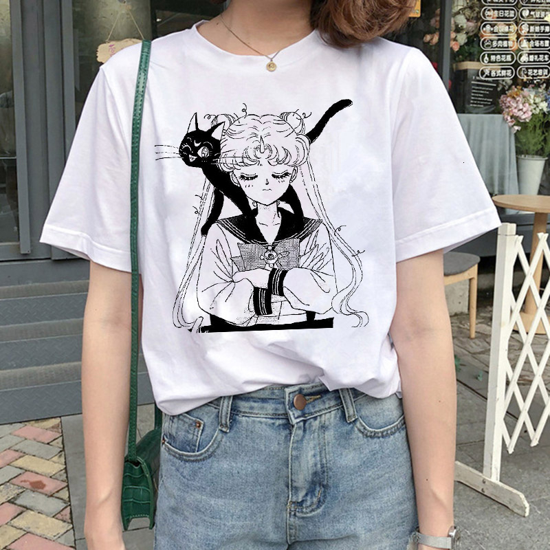 Sailor Moon Aesthetic Cat Luna Print T-Shirt Harajuku clothes Women Tee