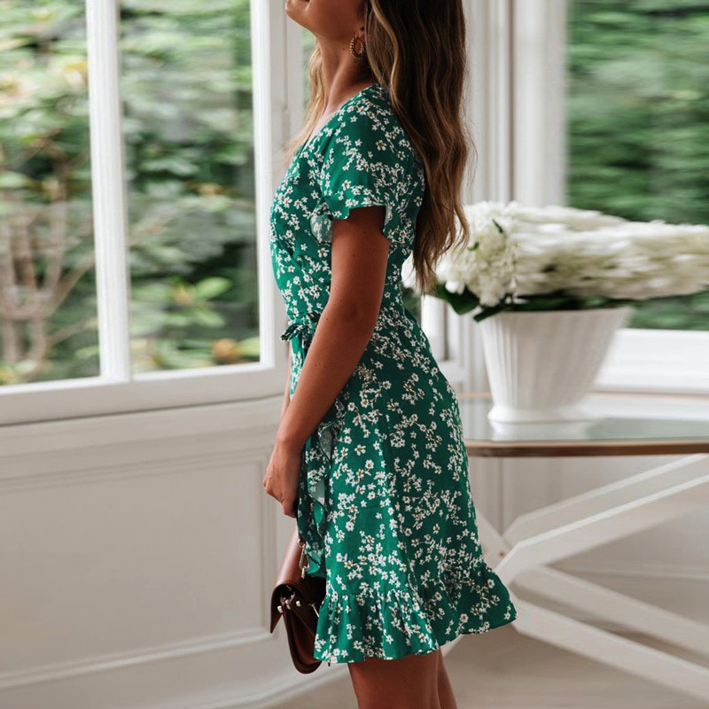 V Neck Floral Print Boho Ruffle Sleeve Beach Dress