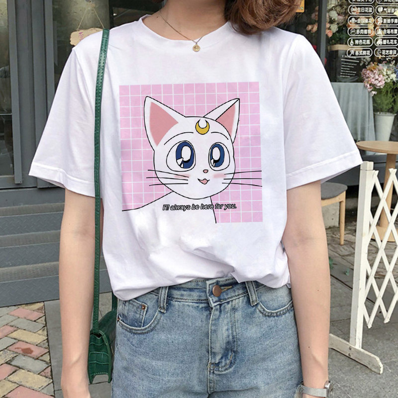 Sailor Moon Aesthetic Cat Luna Print T-Shirt Harajuku clothes Women Tee