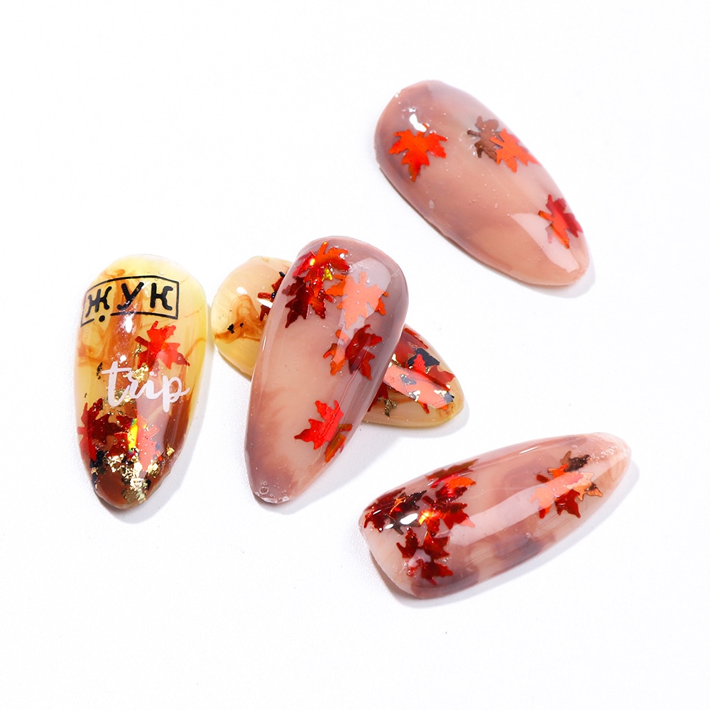 Red Yellow Gold Fall Leaf Nail Flakes Stickers
