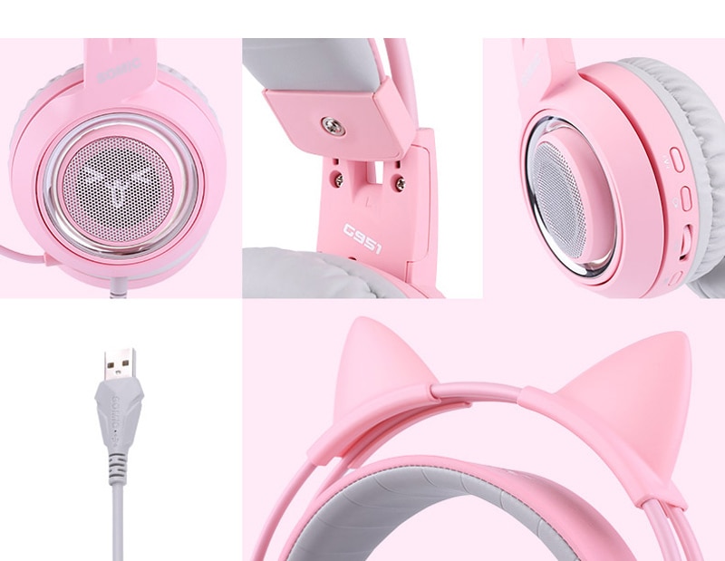 Pink Cat Ear Headphones Noise Cancelling Wired Gaming Headset
