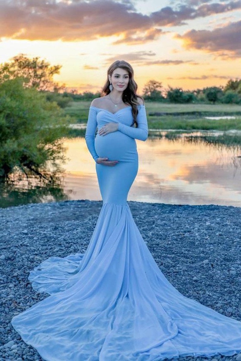 Shoulderless Maternity Dress Photography Long Pregnancy Dresses Elegence Pregnant Women Maxi Maternity Gown For Photo Shoot Prop (2)