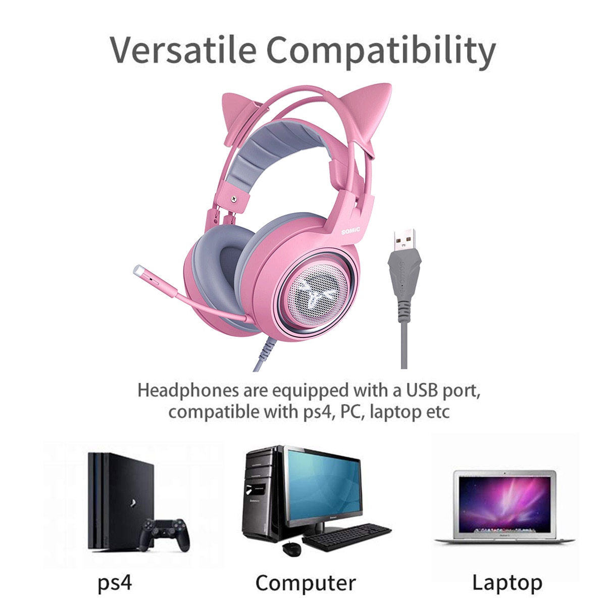 Pink Cat Ear Headphones Noise Cancelling Wired Gaming Headset
