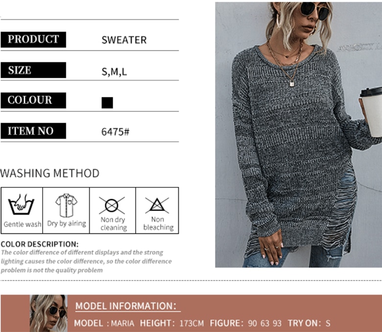 Long Knit Ribbed Women Grey Sweater