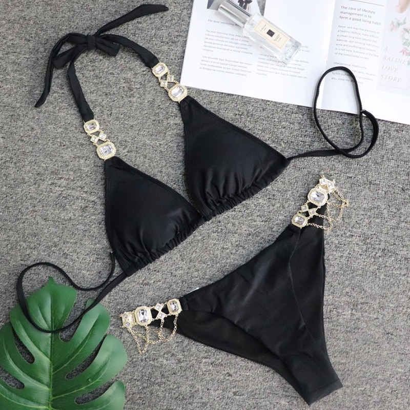 Sexy Luxurious Gem Swimsuit Metal Accessories Crystal Gather Swimsuit For Women  Bikini Halter Strap Bathing Suit Swimwear, Bikinis & Swimsuits