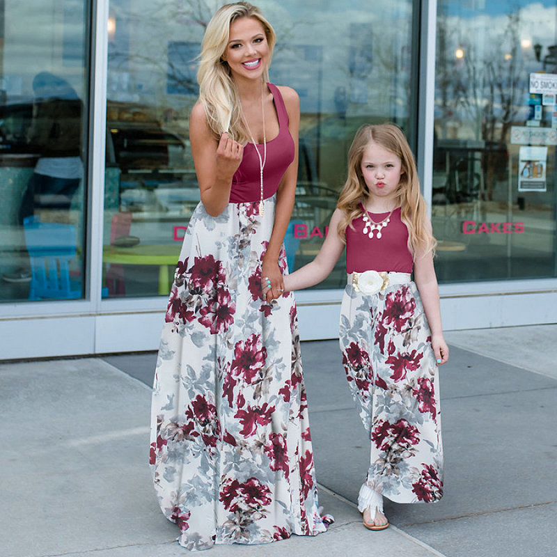 Mommy And Me Daughter Matching Dress Family Outfits Sleeveless Patchwork Long Dresses Mom Daughter Vestito Look Mum Flower Dress (2)