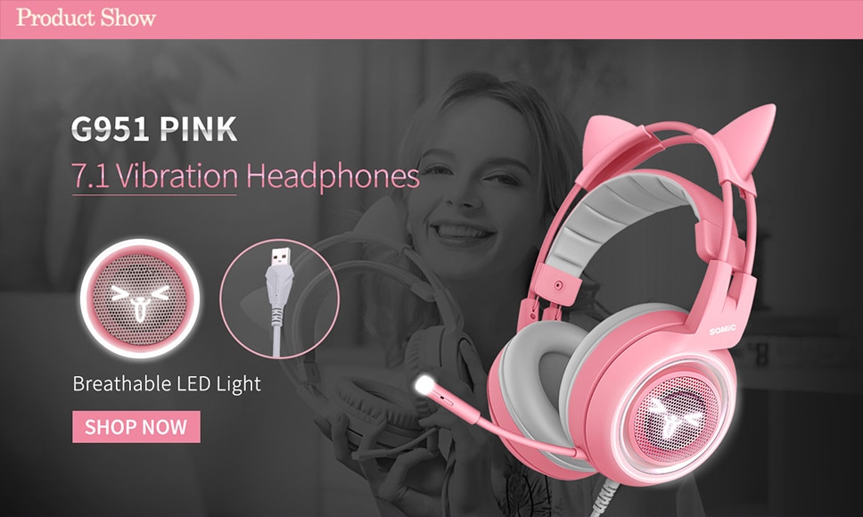 Pink Cat Ear Headphones Noise Cancelling Wired Gaming Headset