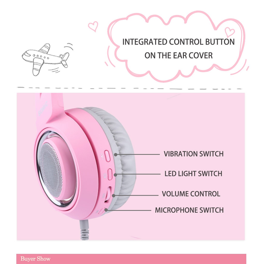 Pink Cat Ear Headphones Noise Cancelling Wired Gaming Headset