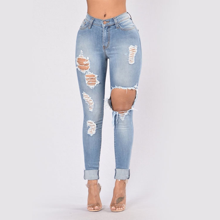 Women High-Waist Ultra-Stretch Hole Pencil Skinny Jeans JOMOBabe Official Online Store | Women Gym Clothes Workout Wear | JOMOBabe