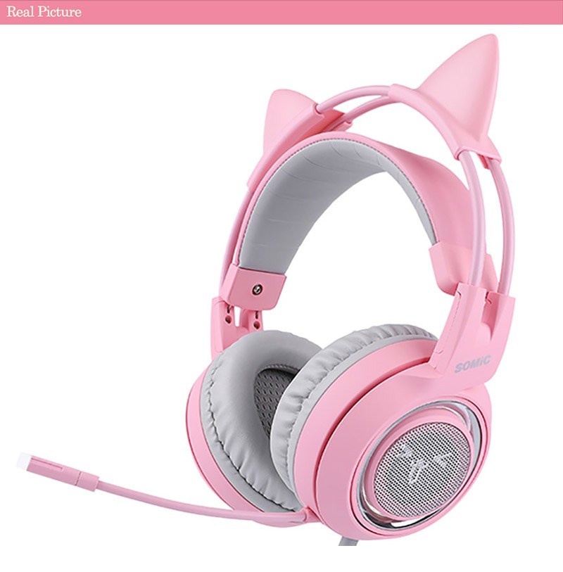 Pink Cat Ear Headphones Noise Cancelling Wired Gaming Headset
