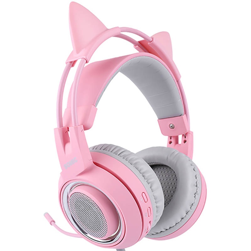 Pink Cat Ear Headphones Noise Cancelling Wired Gaming Headset
