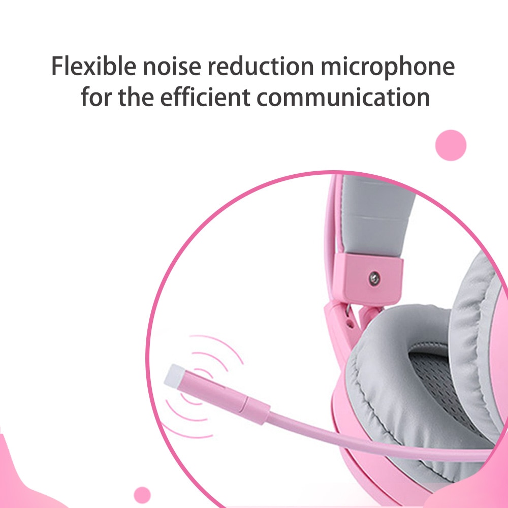 Pink Cat Ear Headphones Noise Cancelling Wired Gaming Headset