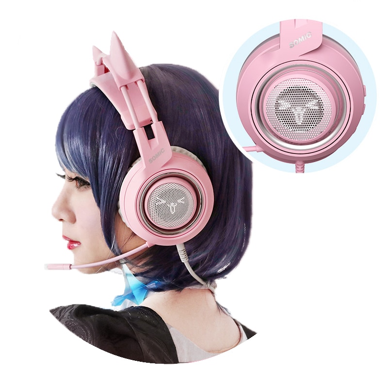 Pink Cat Ear Headphones Noise Cancelling Wired Gaming Headset