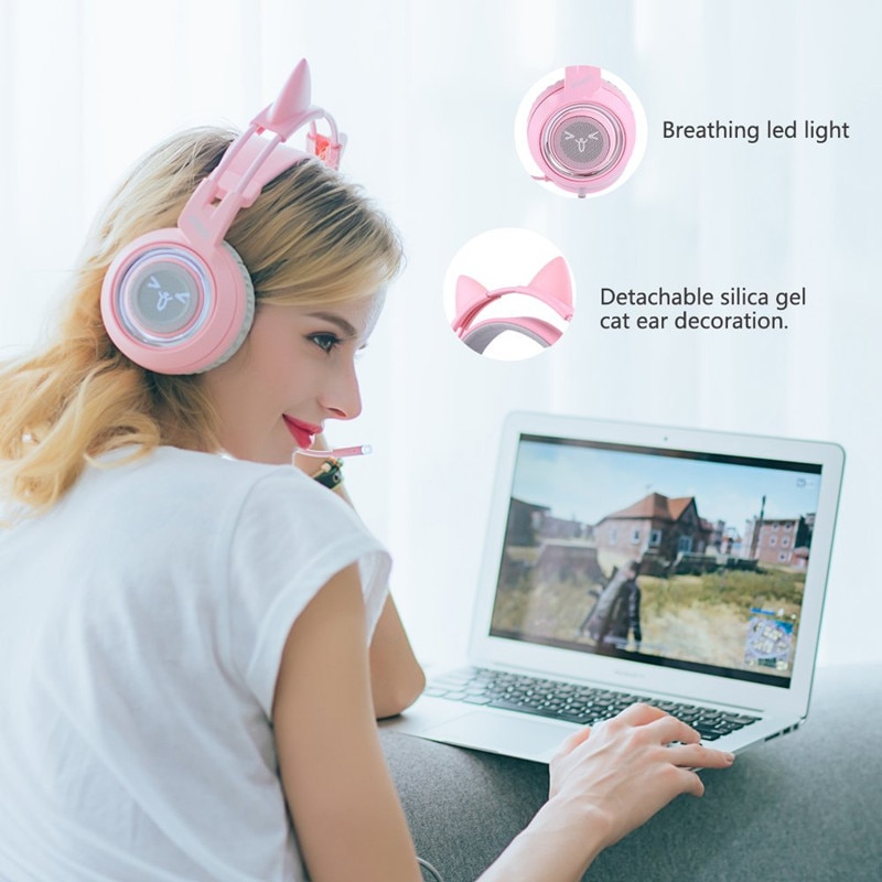 Pink Cat Ear Headphones Noise Cancelling Wired Gaming Headset