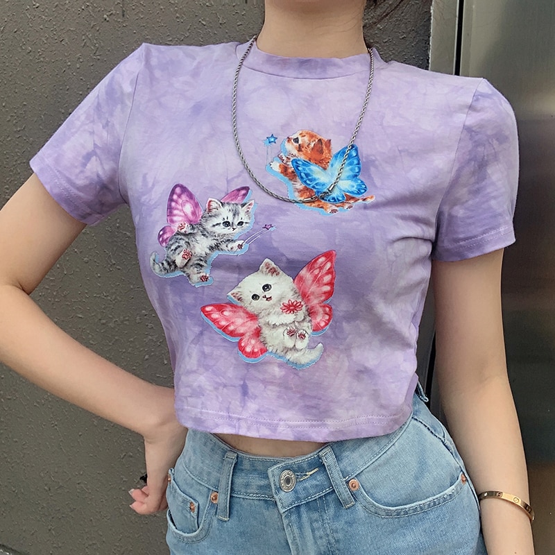 Rapcopter Butterfly Cat Print Women T Shirt Purple