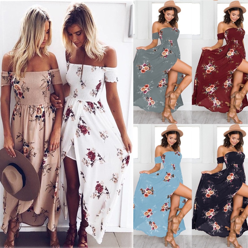 Women Off Shoulder Floral Print Boho Maxi Dress