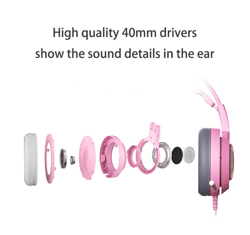 Pink Cat Ear Headphones Noise Cancelling Wired Gaming Headset