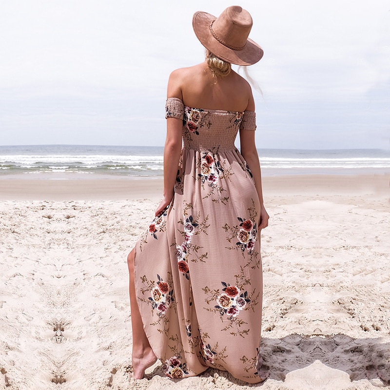 Women Off Shoulder Floral Print Boho Maxi Dress