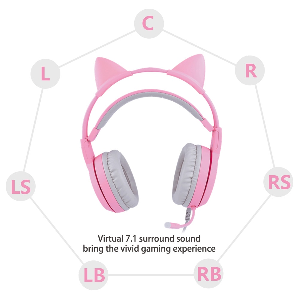 Pink Cat Ear Headphones Noise Cancelling Wired Gaming Headset