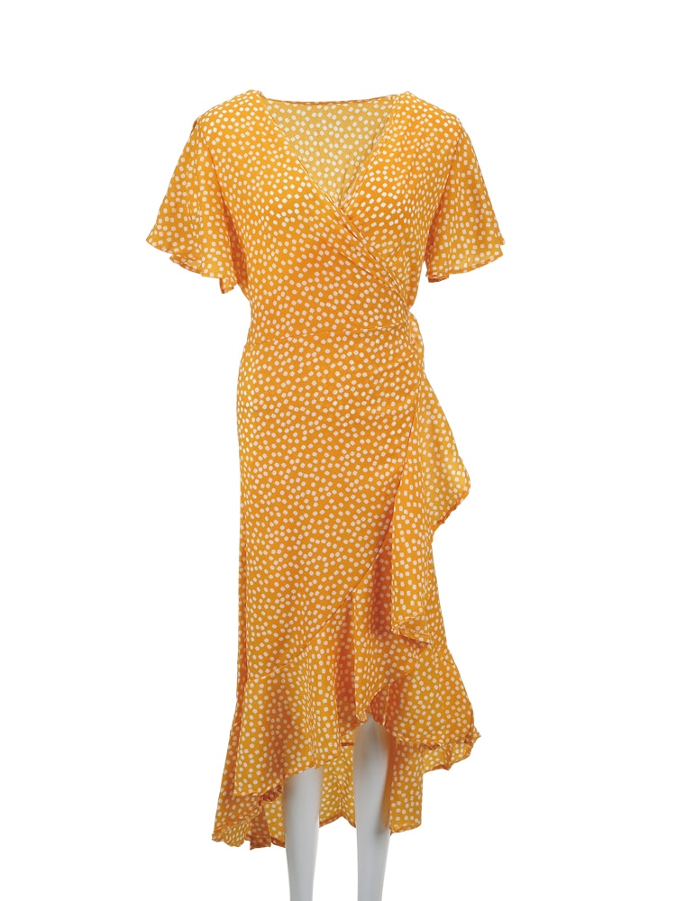 V-Neck Ruffles Wrap Beach Maxi Yellow Dress