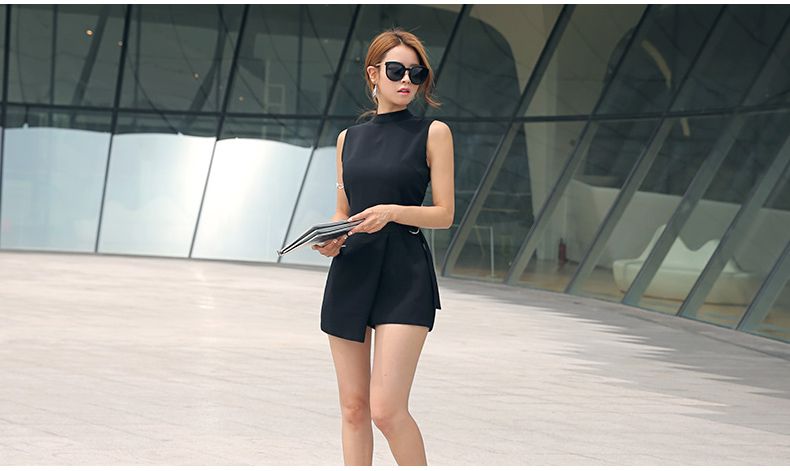 summer new Korean fashion slim slimming irregular women's belt black short jumpsuit Solid Skinny Casual - Amexza.com
