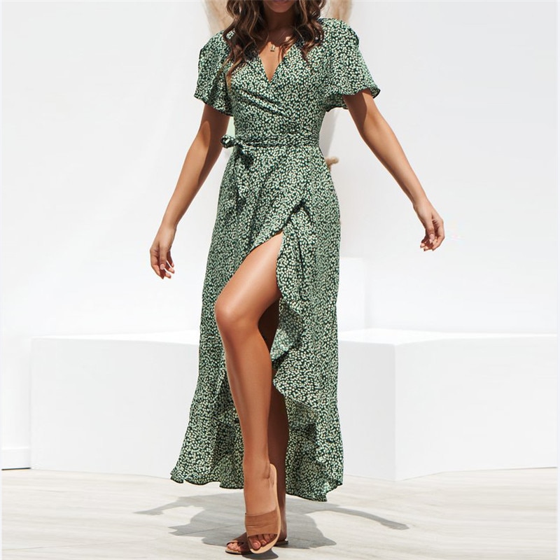 V-Neck Ruffles Wrap Beach Maxi Green Dress