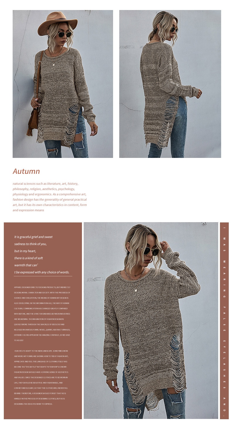Long Knit Ribbed Women Grey Sweater