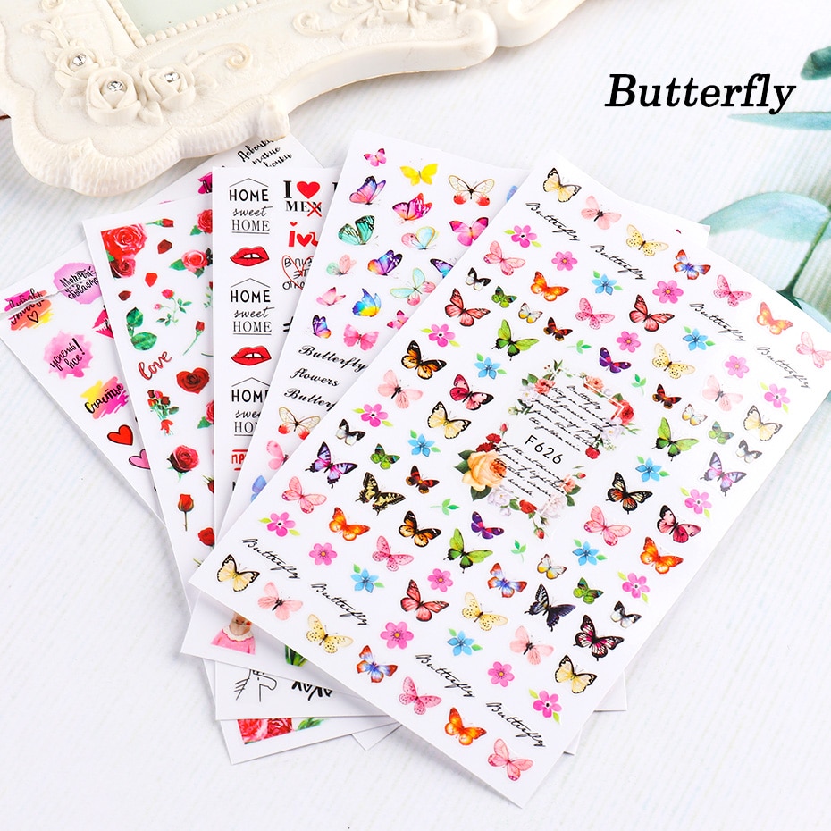 Nail Black Butterfly Nail Decals and Stickers Flower Blue Colorful Water Tattoo for Manicures Nail Art Slider Decorations (4)