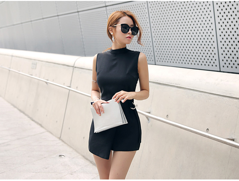 summer new Korean fashion slim slimming irregular women's belt black short jumpsuit Solid Skinny Casual - Amexza.com