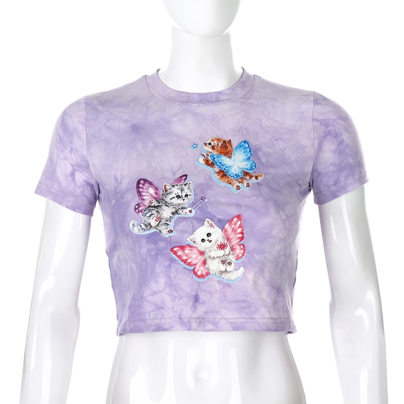 Rapcopter Butterfly Cat Print Women T Shirt Purple