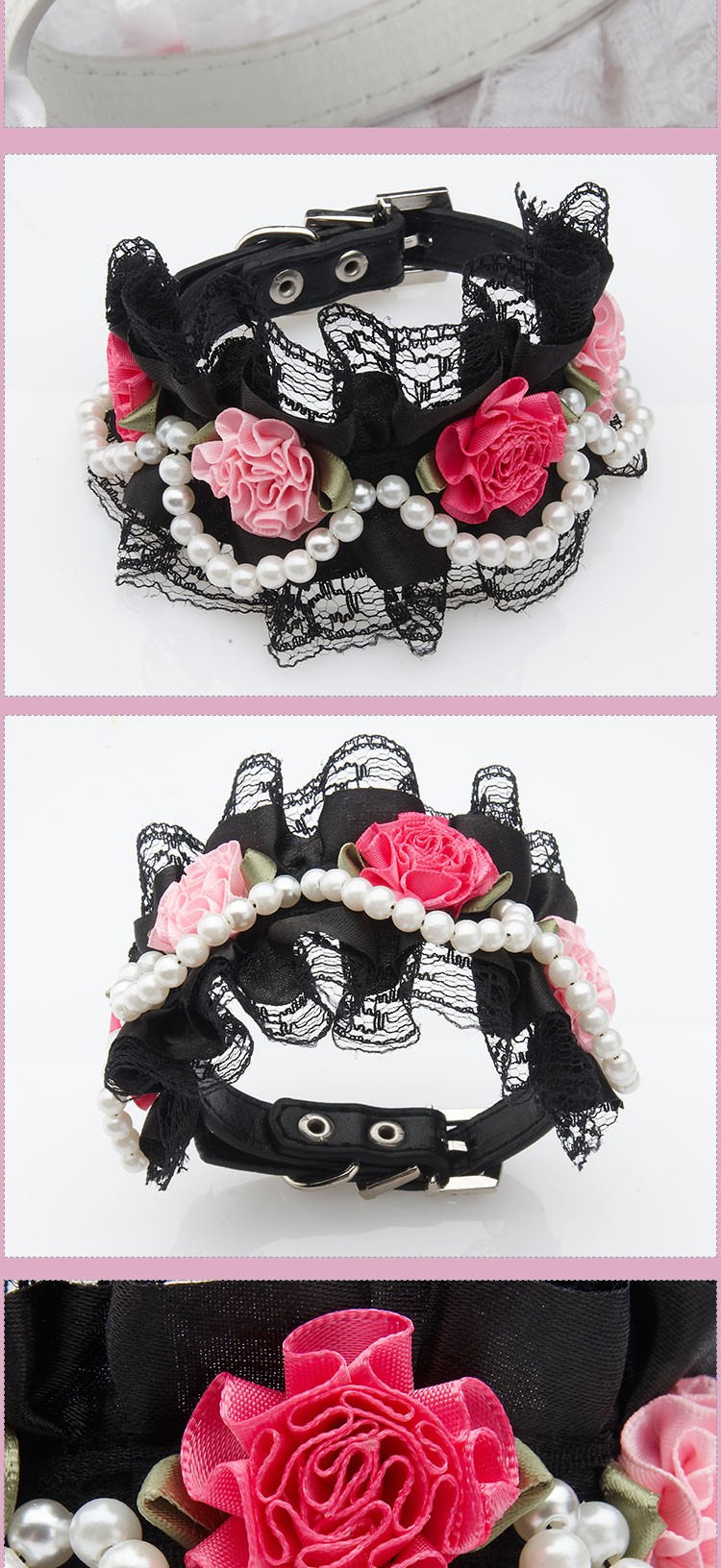 Fancy Pet Cat Collar Leather with Crystal Rhinestone Buckle Design Rose Lace Pearl