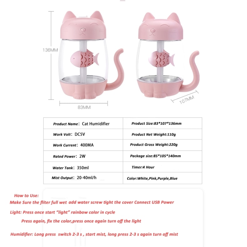350ML Cartoon Cat USB Rechargeable Ultrasonic Air Humidifier