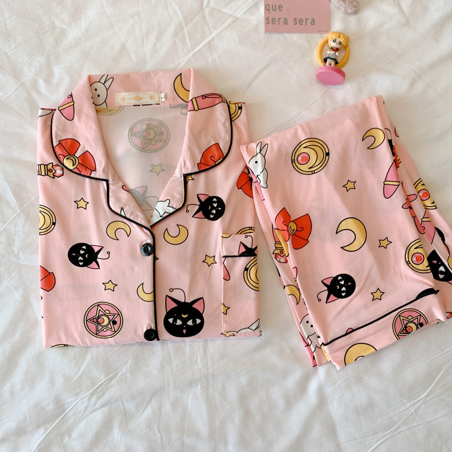 Anime Sailor Moon Luna Cat Print Pajama Set For Women Long Sleeve Cotton
