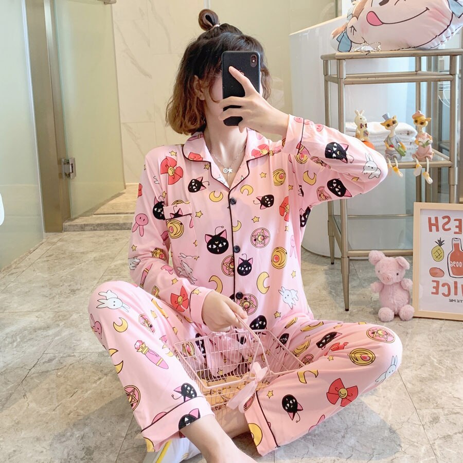 Anime Sailor Moon Luna Cat Print Pajama Set For Women Long Sleeve Cotton