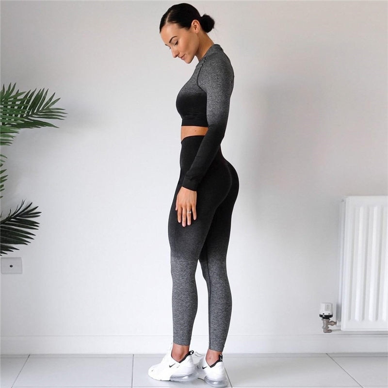 Shop women's Ombre Workout Sets 2 Piece Yoga Set Seamless High Waisted Leggings with Long Sleeve Crop Top Tracksuit Sets JOMOBabe Online Store | Women Workout Clothes & Gym Gear | JOMOBabe