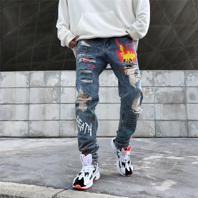 graffiti print jeans mens