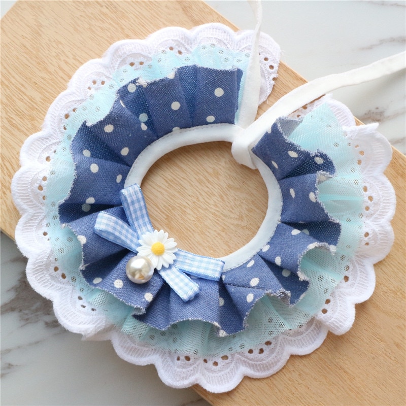New Blue Polka Dot Pearl Handmade Lace Pet Cat Collar Lace