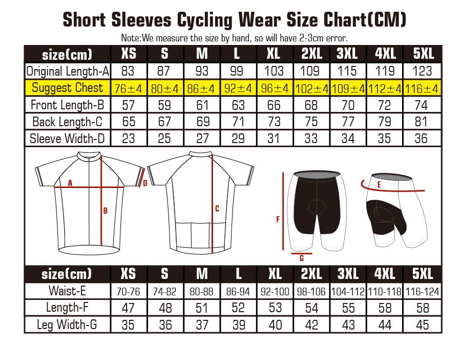 size chart of cycling jersey and cycling bib shorts