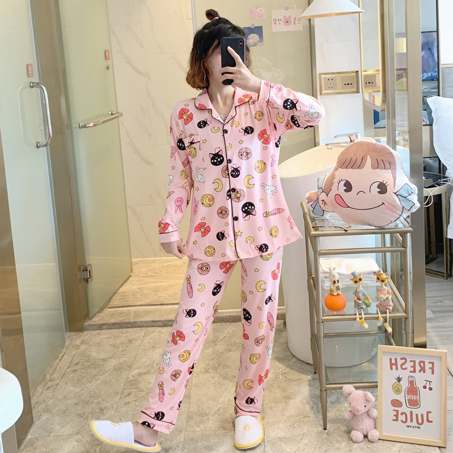Anime Sailor Moon Luna Cat Print Pajama Set For Women Long Sleeve Cotton