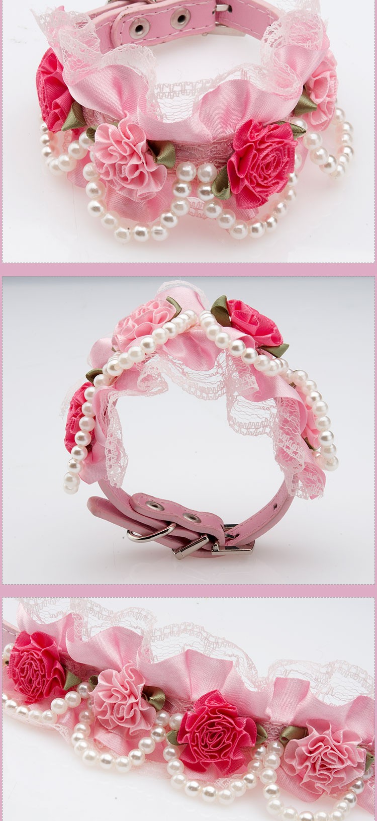 Fancy Pet Cat Collar Leather with Crystal Rhinestone Buckle Design Rose Lace Pearl