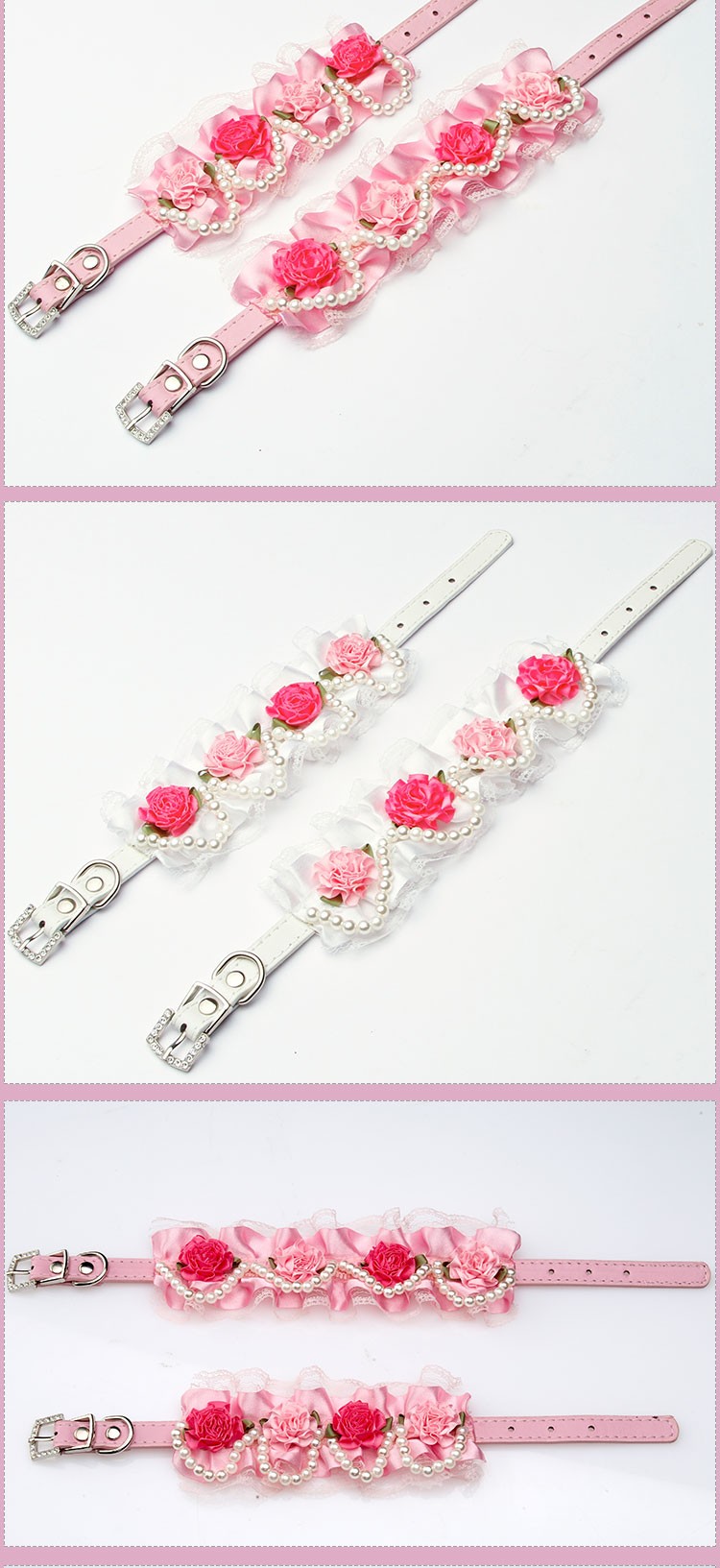 Fancy Pet Cat Collar Leather with Crystal Rhinestone Buckle Design Rose Lace Pearl