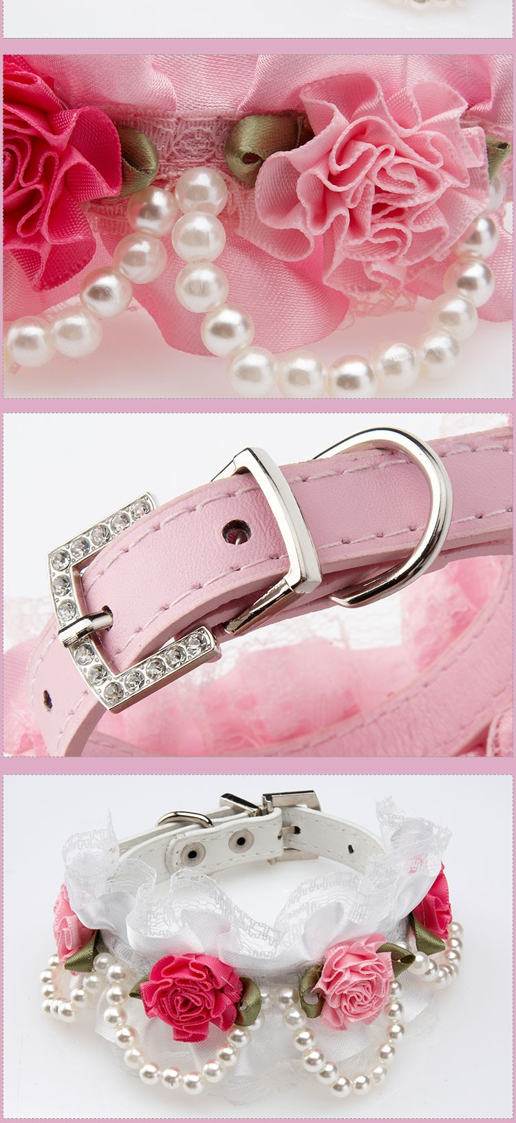 Fancy Pet Cat Collar Leather with Crystal Rhinestone Buckle Design Rose Lace Pearl