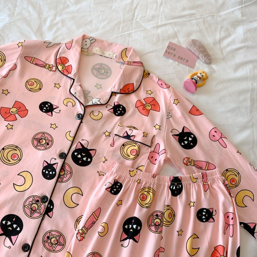 Anime Sailor Moon Luna Cat Print Pajama Set For Women Long Sleeve Cotton