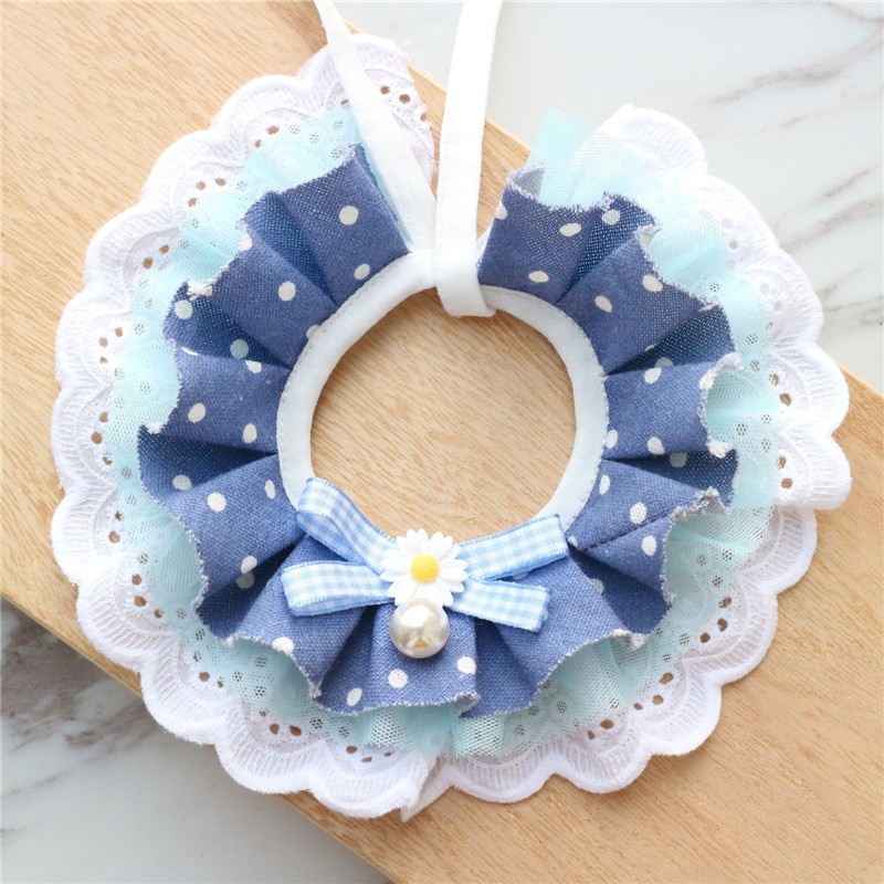 New Blue Polka Dot Pearl Handmade Lace Pet Cat Collar Lace